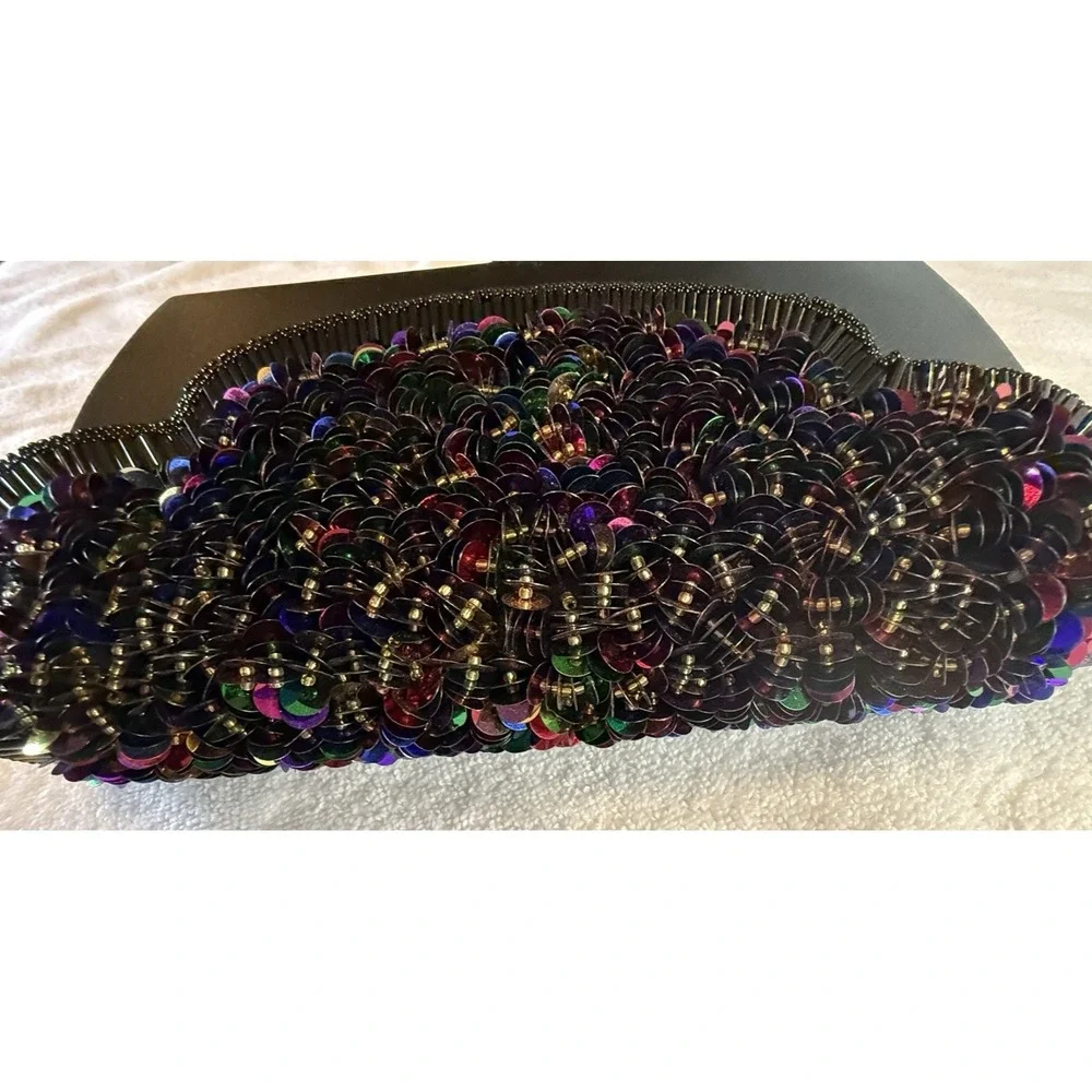 VTG La Regale Clutch Black‎ Satin Beaded Prom Mermaidcore Iridescent 